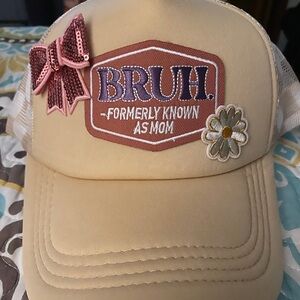 Trucker Patch Hat “Bruh Formerly Known As Mom” Tan w/Pink Bow and Flower